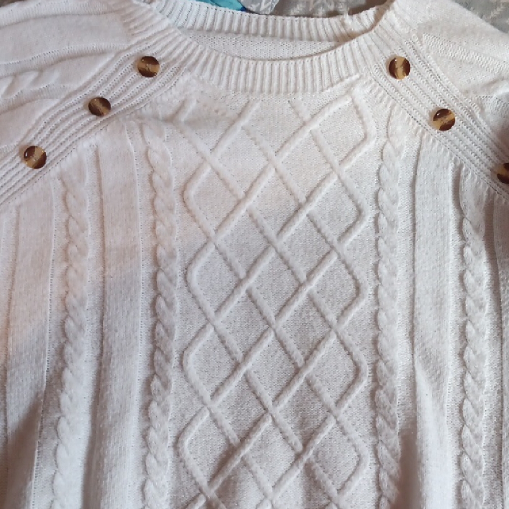 SHEIN White Cable Knit Sweater with Button Detail
